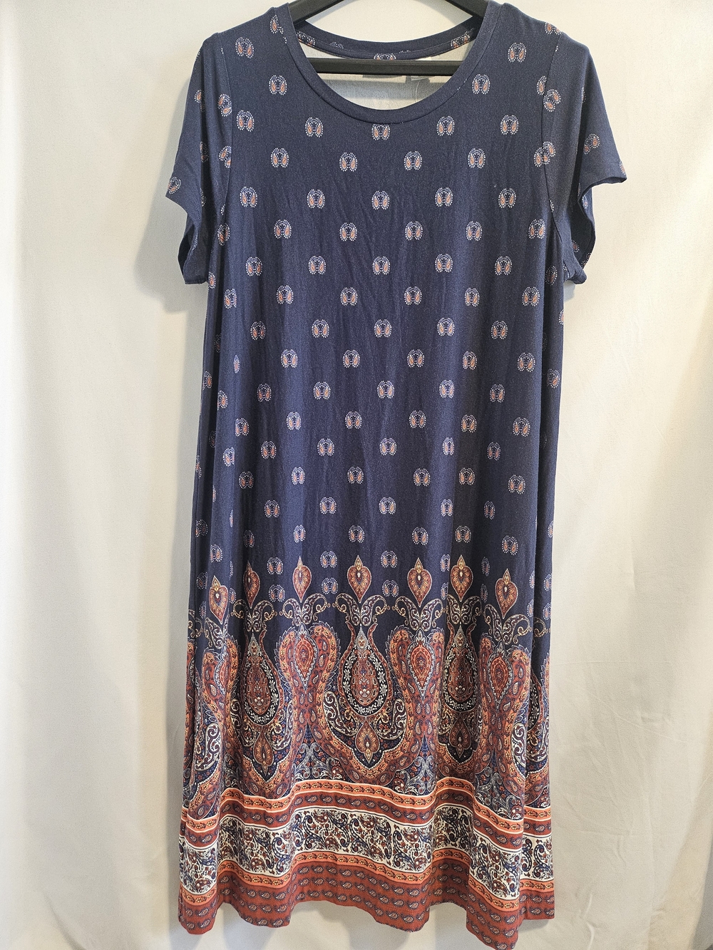 Lucky Brand Plus Size 1X Navy Blue Boho Paisley Print Knit Tunic Midi Dress